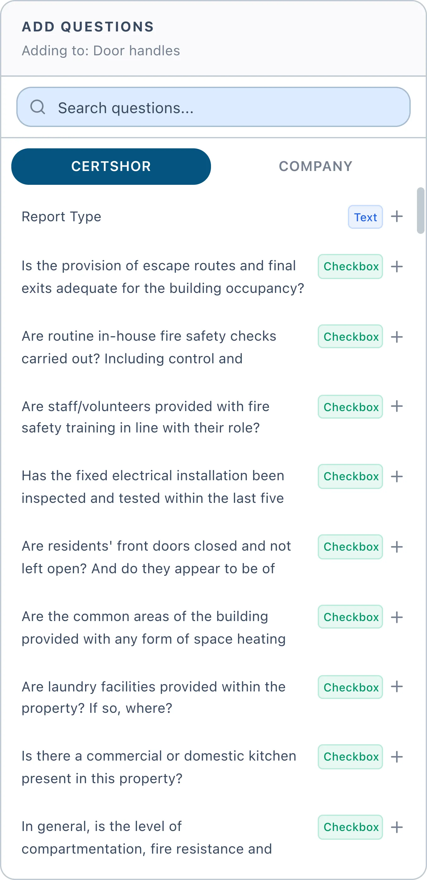 The Add Questions panel in Certshor: a search box, Certshor and Company tabs, and the standard question library with each question's answer type.