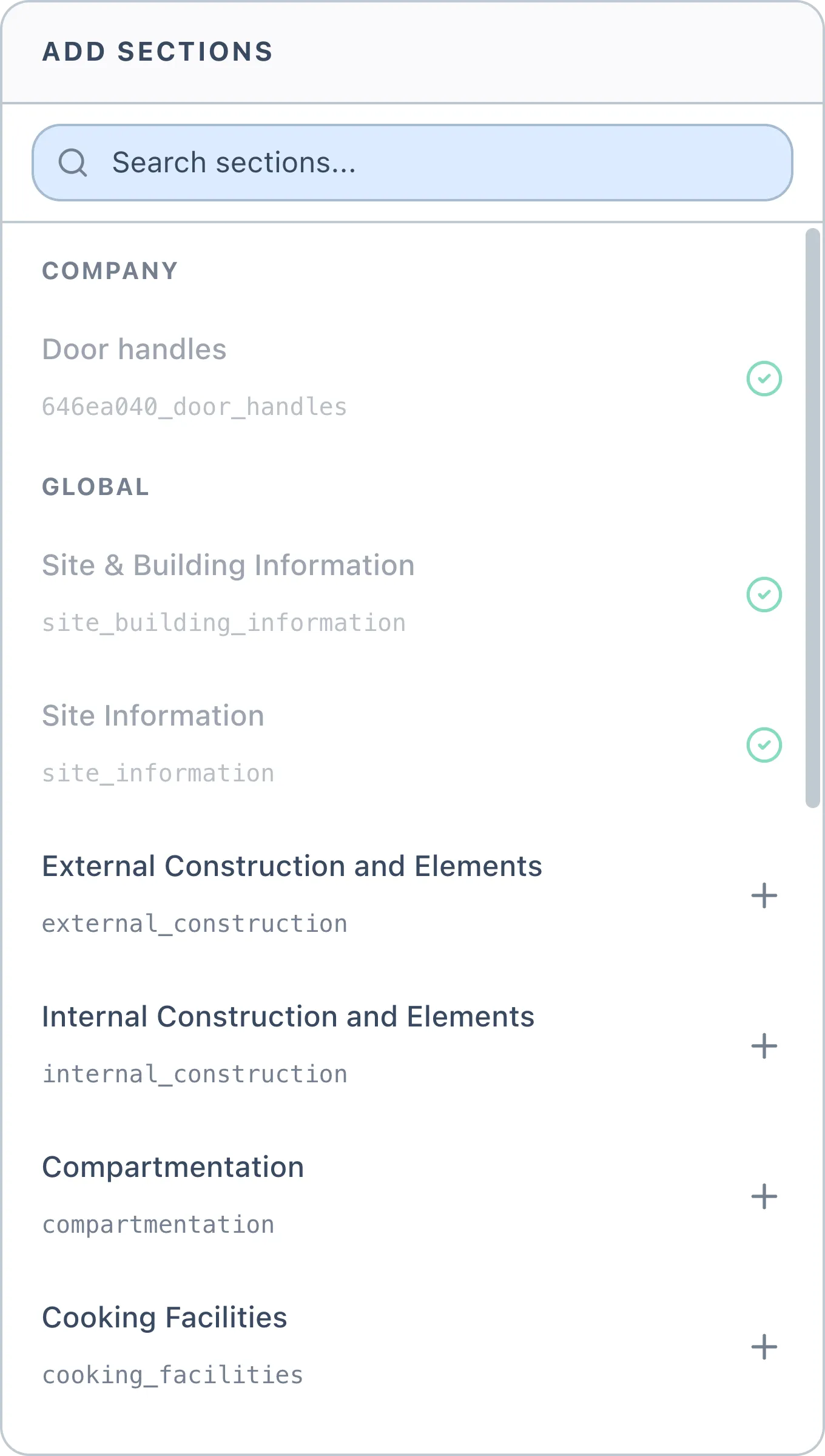 The Add Sections panel in Certshor: a Company group holding Door handles, above a Global group listing the standard sections.
